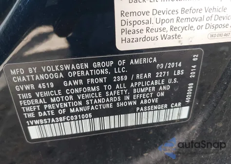 2015 Volkswagen Passat 1.8T Se из США, поврежденный, VIN 1VWBS7A38FC031005